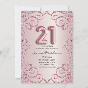 21-års födelsedags rosaglänsande glitterprinsessa inbjudningar