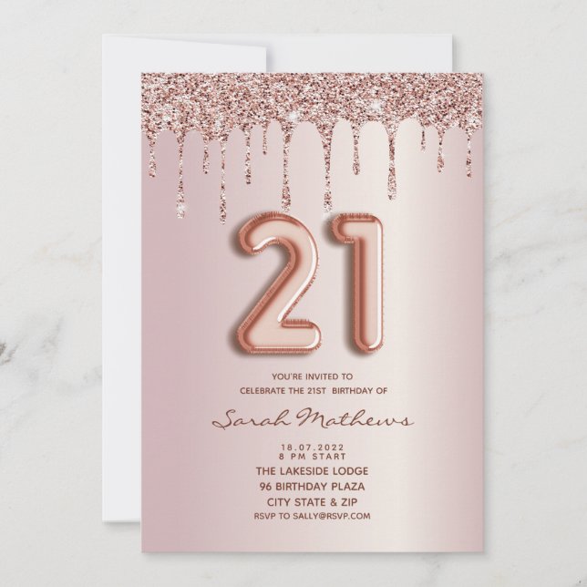 21-års födelsedagsinbjudan med rosa guld glitterdr inbjudningar (Framsida)