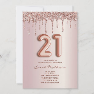 21-års födelsedagsinbjudan med rosa guld glitterdr inbjudningar