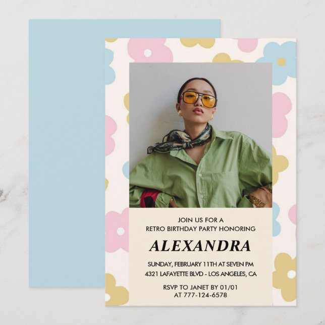 21-års inbjudan Retro Groovy Blommor Söt (Fram/baksida)