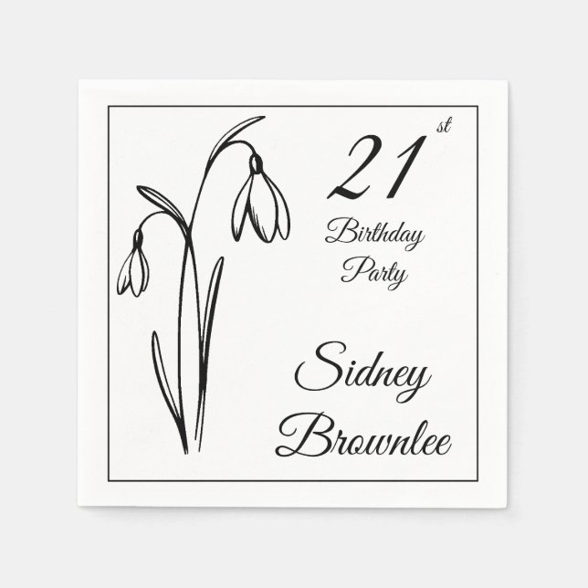 21-års Snowdrop Floral Svart Och Vit Pappersservett (Framsidan)