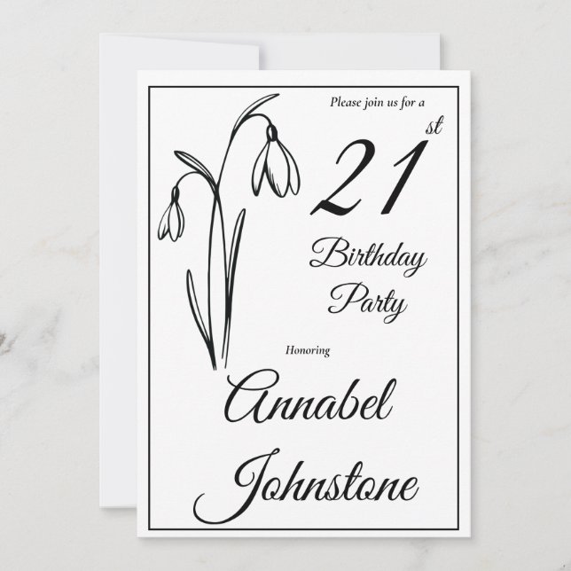21-års Snowdrop Floral Svart Och Vitt Inbjudningar (Framsida)