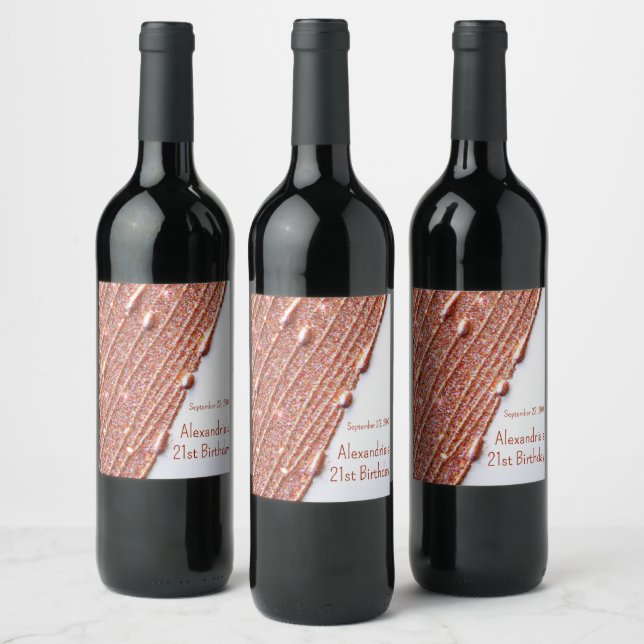 21-års Wine Etiketter Rosa Guld Glitter Drips (Flaskor)
