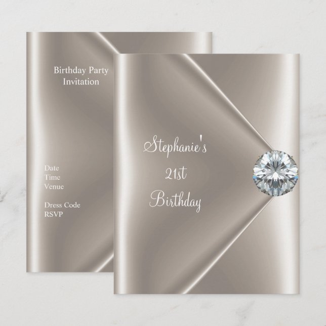 21-årsdag Beige Kräm Diamant Juwel 2 Inbjudningar (Fram/baksida)