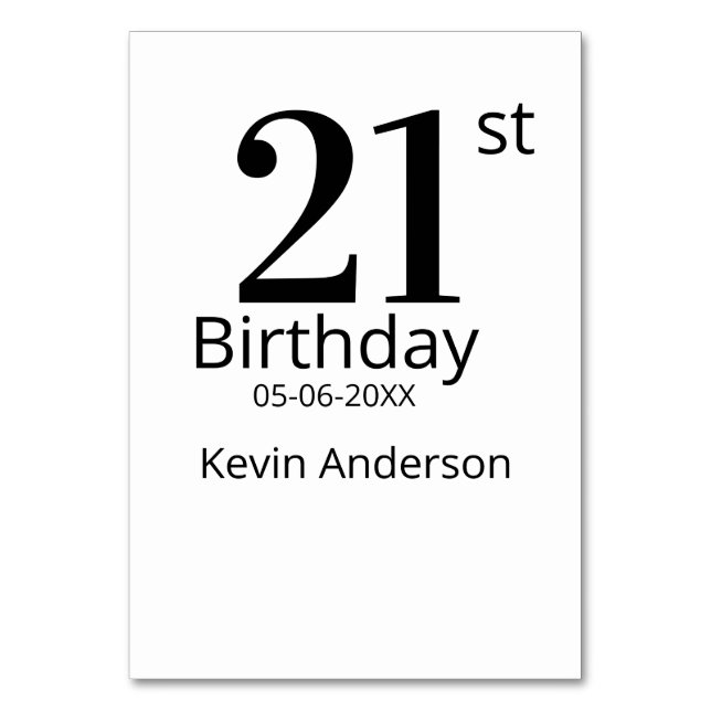 21-årsdag fet namn datum enkel man pojke bordsnummer (Framsidan)