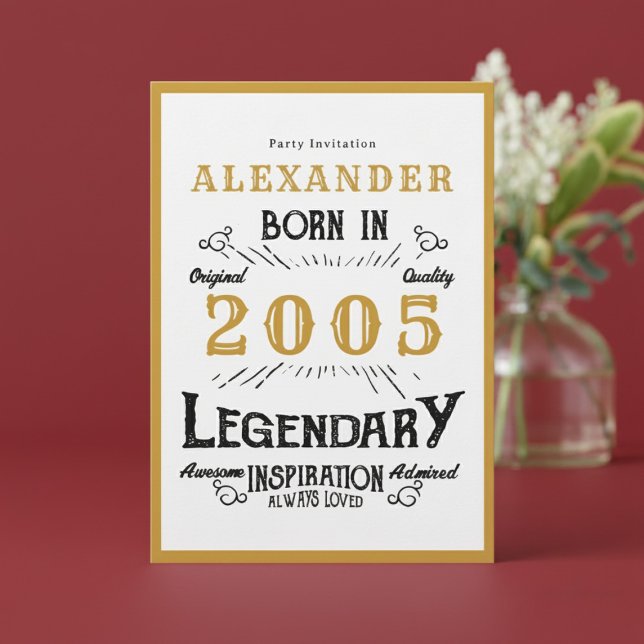 21-årsdag Född 2005 Vit Guld Legend Inbjudningar (Born 2005 birthday invitation.)