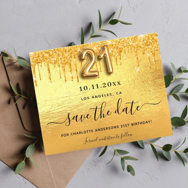 21-årsdag guld glitter budget save the date flygblad (Skapare uppladdad)
