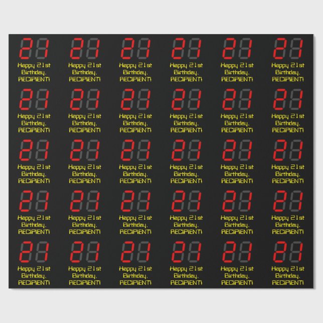 21-årsdag: Röd digital klockstil "21" + Namn Presentpapper (Platt)