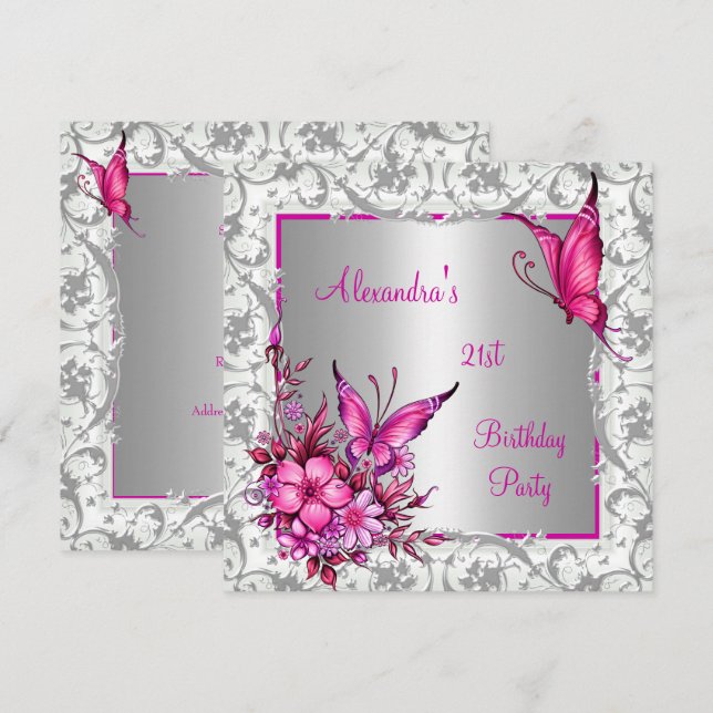21-årsdag Rosa Blommig Fjäril Silver Vit Inbjudningar (Fram/baksida)