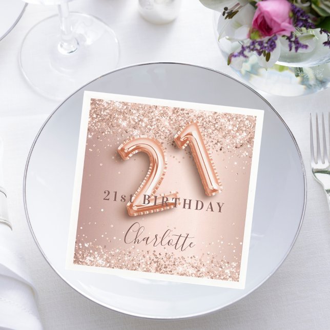 21-årsdag rose gold rosa glitter namn pappersservett (Skapare uppladdad)