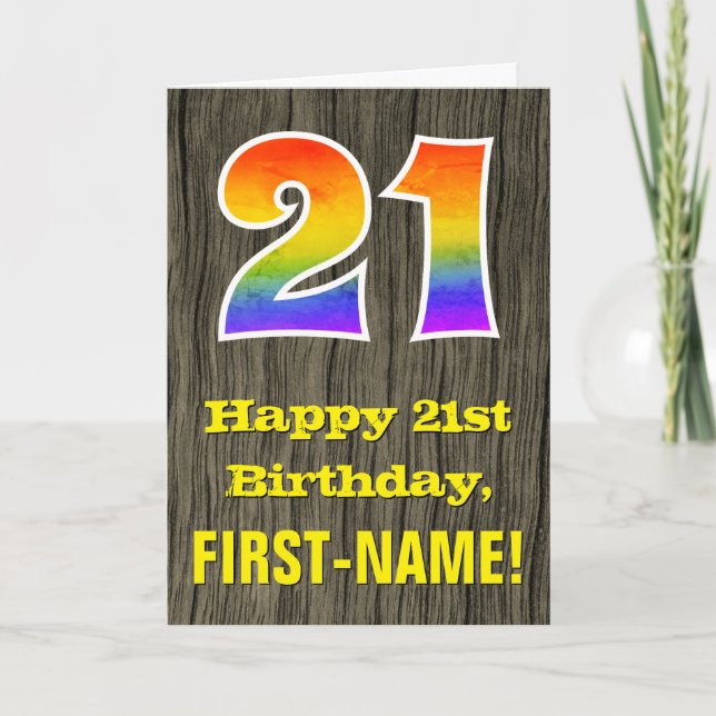 21-årsdag: Rustik falskt trälutning, regnbåge "21" Kort (Framsida)