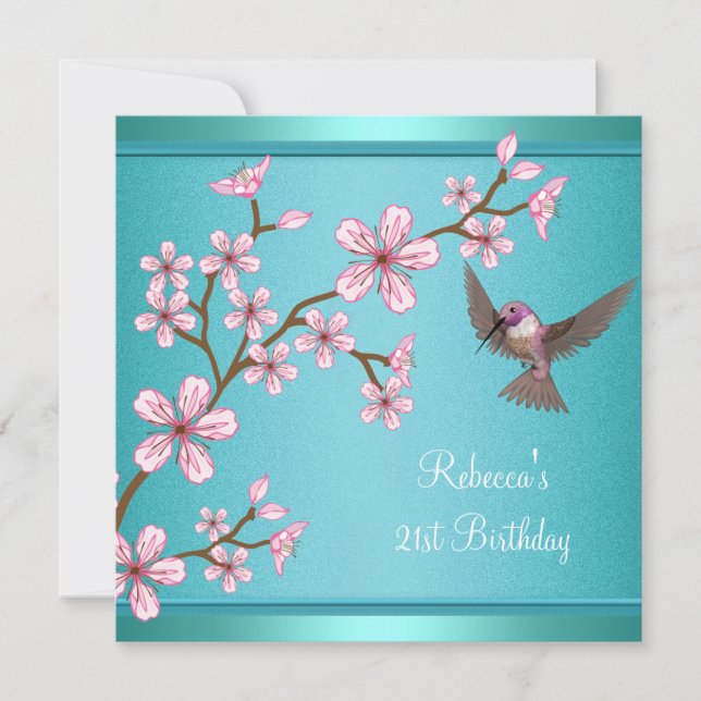 21-årsdag Teal Blå Asiatiska Rosa Blommor Fågel Inbjudningar (Framsida)