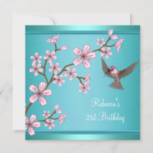 21-årsdag Teal Blå Asiatiska Rosa Blommor Fågel Inbjudningar