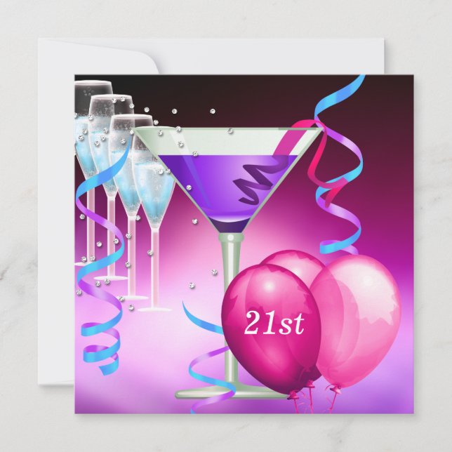 21-årsdag Vita Rosa Lila Martini Ballonger Inbjudningar (Framsida)