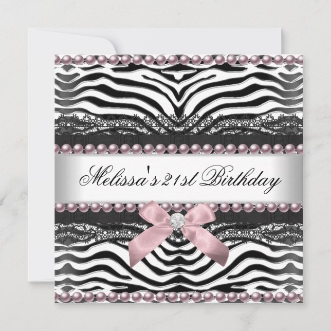 21-årsdag Zebra Rosa Vit Svart Spets Inbjudningar (Framsida)