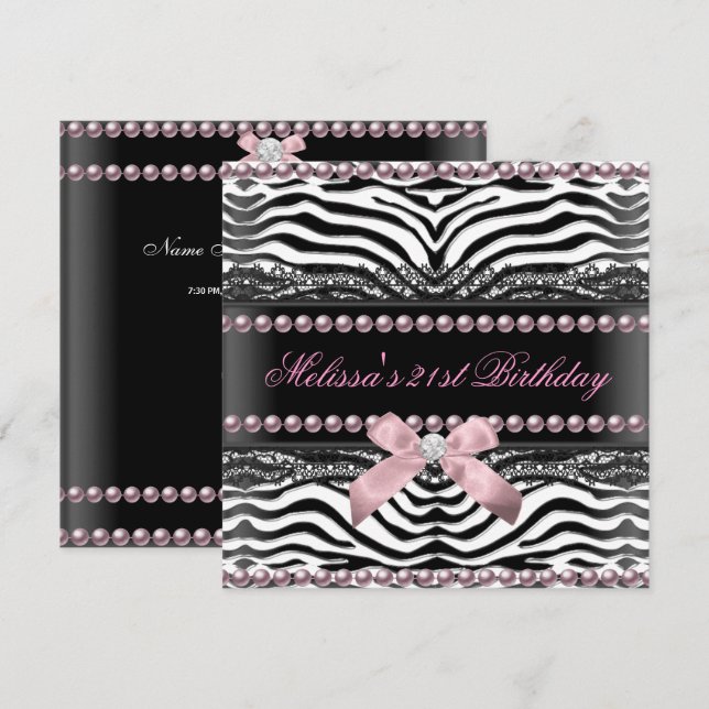 21-årsdag Zebra Rosa Vit Svart Spets Pärla Inbjudningar (Fram/baksida)