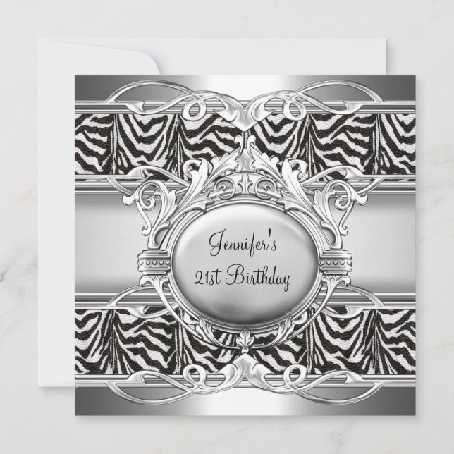 21-årsdag Zebra Svart Vit Silver Skylt Inbjudningar (Framsida)