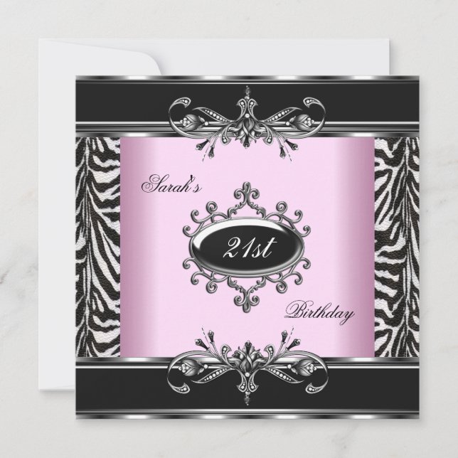 21-årsdag Zebra Svart Vitt Rosa Silver Inbjudningar (Framsida)