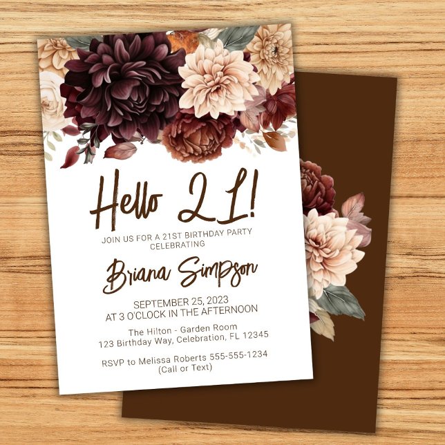 21-årsfest Brun Beige Blommor Blommig Inbjudningar (Skapare uppladdad)