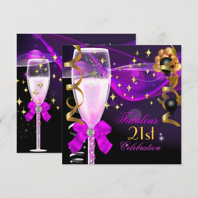 21-årsfest Fantastisk Rosa Lila Champagne Inbjudningar (Fram/baksida)