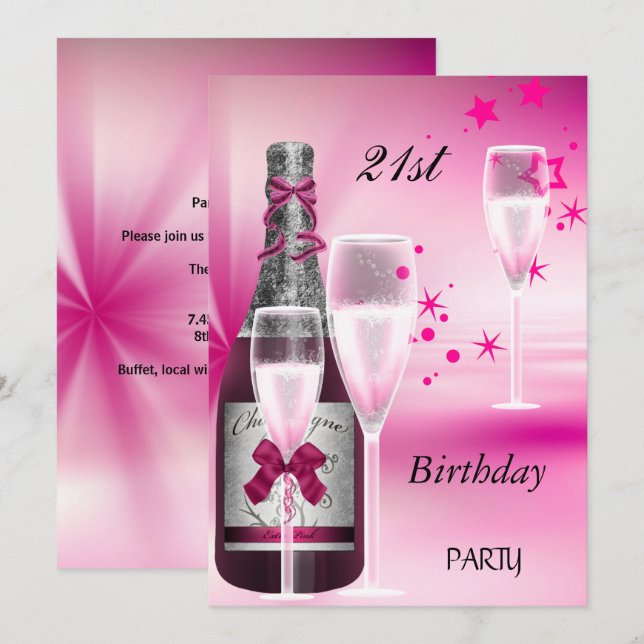 21-årsfest Rosa Champagne 21 Inbjudningar (Fram/baksida)