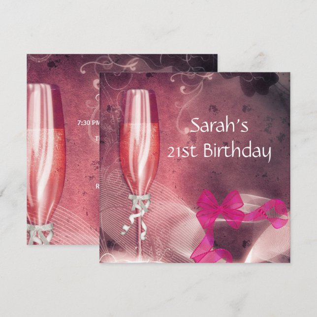 21-årsfest Rosa Champagneglas Slinga 2 Inbjudningar (Fram/baksida)