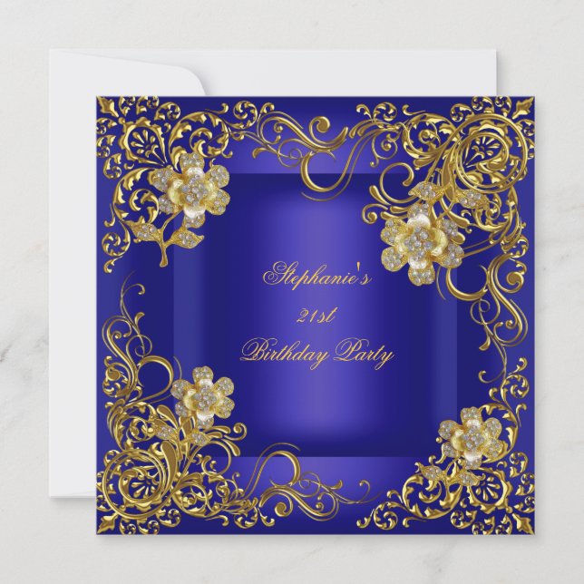 21-årsfest Royal Blue Guld Blomma Inbjudningar (Framsida)
