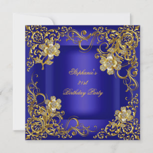 21-årsfest Royal Blue Guld Blomma Inbjudningar
