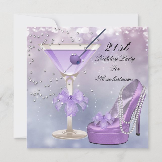 21-årsfest Vit Lilac Martini Lila Inbjudningar (Framsida)