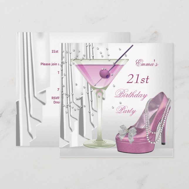 21-årsfest Vit Rosa Martini Pärlsko Inbjudningar (Fram/baksida)