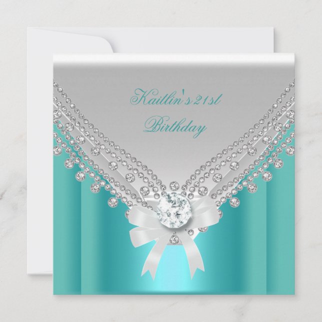 21-årsfest Vit Teal Blå Diamant Inbjudningar (Framsida)