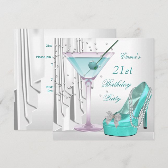 21-årsfest Vit Teal Martini Pärlsko Inbjudningar (Fram/baksida)