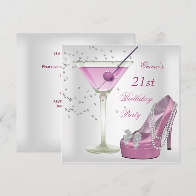 21-årsfest Vita Rosa Martini-skor Inbjudningar (Fram/baksida)