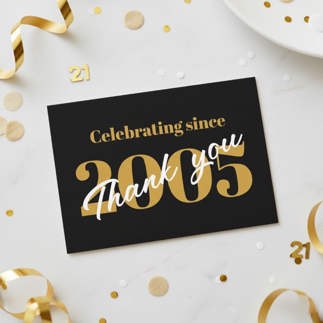 21-årsfirande 2005 Retro svart och guld Tack Kort (Black and gold 21st birthday thank you card with "Celebrating since 2005 Thank You" text.)