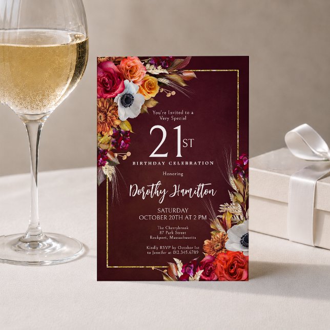 21-årsfirande Burgunderröda höstblommor Elegant sk Inbjudningar (Skapare uppladdad)