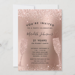 21-årsfirande Champagne Toast Rose Guld Glitter Inbjudningar