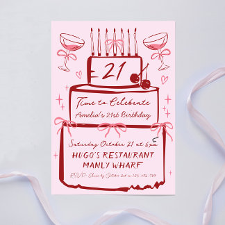 21-årsfirande Handritad Rosa Modern Tårta Inbjudningar