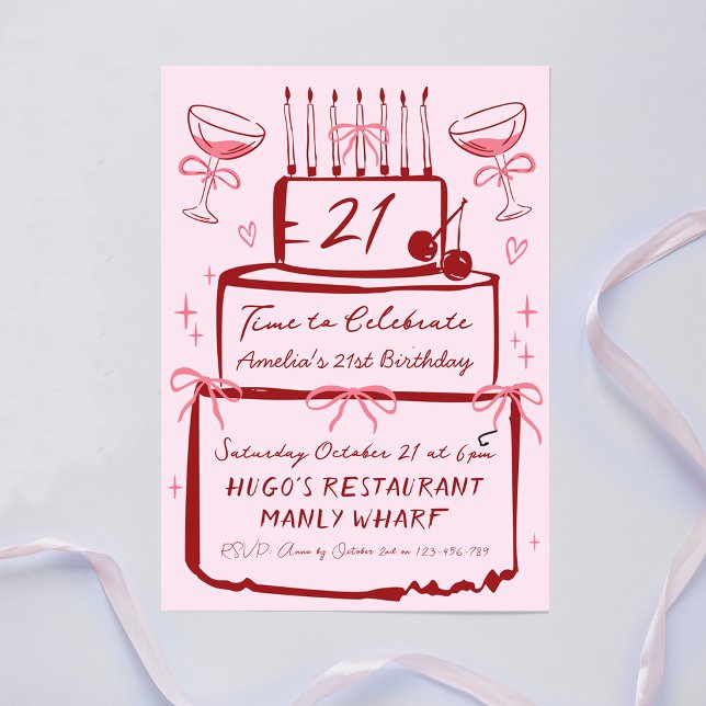 21-årsfirande Handritad Rosa Modern Tårta Inbjudningar (Skapare uppladdad)