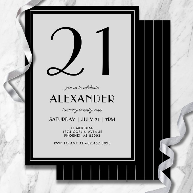 21-årsfirande Modern Minimalistisk Svart Grå Herr Inbjudningar (Modern black and light gray design—minimal, bold, and effortlessly stylish for 21.)
