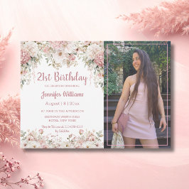 21-årsfirande rosa blomsterfoto budgetinbjudan anteckningskort