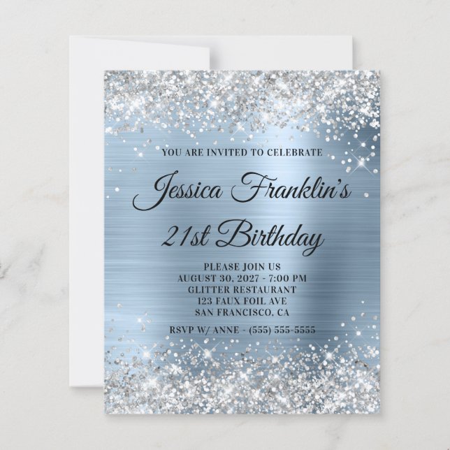 21-årsfirande Silver Glitter Ljusblå Inbjudan (Framsida)