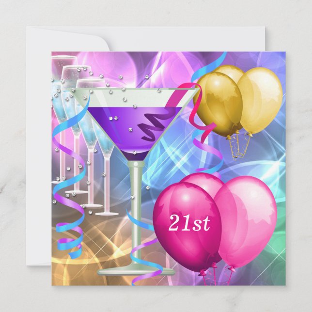 21-årsfirande  Vita Rosa Lila Martini Ballonger Inbjudningar (Framsida)