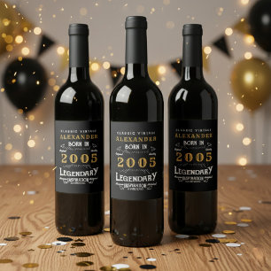 21-årsjubileum Legend Född 2005 Vintage Svart Vinflaska Etikett