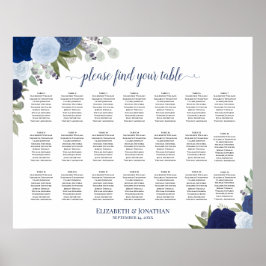 21 Bord Blå Boho Blommig Bröllopsplatskarta Poster