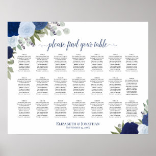 21 Bord Blå Boho Blommig Bröllopsplatskarta Poster