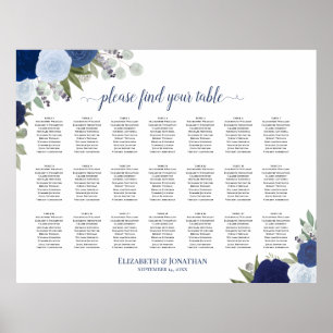 21 Bord Blue Boho Blommigt Bröllop, sittdiagram Poster