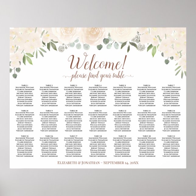 21 Bord Blush Rosa Rosor Bröllop Placeringsplan Poster (Framsidan)