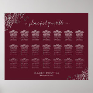 21 Bord Bröllop-sittplatsplan Silver på Burgundy Poster
