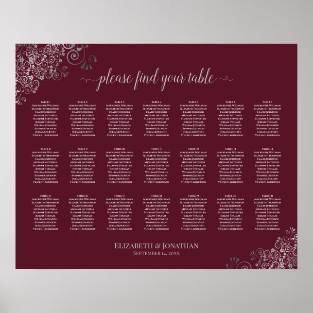 21 Bord Bröllop-sittplatsplan Silver på Burgundy Poster (Framsidan)