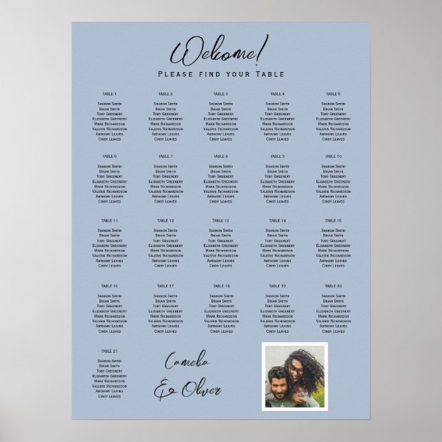 21 Bord Dusty Blue PHOTO SEATING Chart Poster (Framsidan)